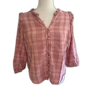 LC Lauren Conrad | Pink Plaid Gingham Peasant Blouse Button Ruffle Size Small